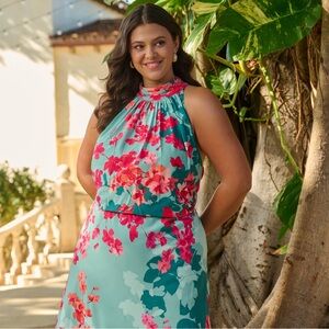 Adrianna Papell Floral Chiffon Midi Halter Dress In Turquoise Multi